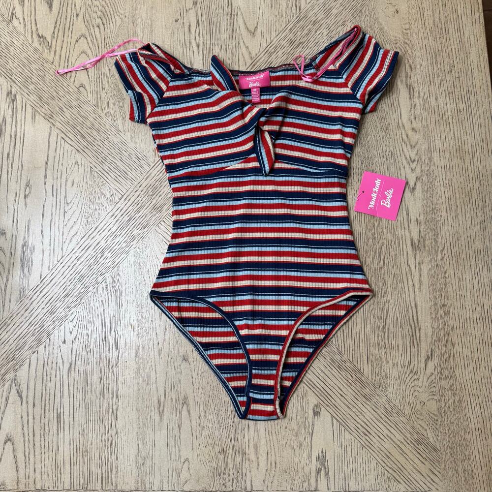 ModCloth x Barbie I‎ Could Bow On Tie-Front Bodysuit Striped XXS NWT